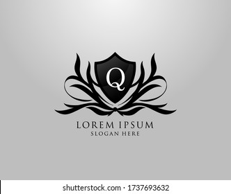 Q Letter Logo. Inital Q Majestic Shield design for Royalty, Fashion, Community, Boutique,  Hotel, Heraldic, Jewelry, Photography.