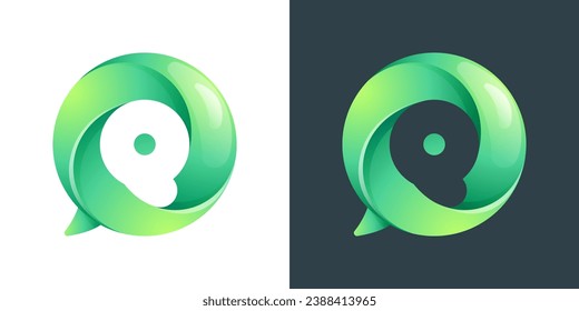 Q letter logo inside speech bubble with swirl pattern. Negative space style icon. Colorful gradient emblem for your social media app, call center, online message, feedback icon, telemarketing screen.