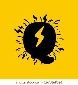 Q letter logo with lightning negative space. Hand drawn monochrome vintage style. Perfect type for energy labels, superhero print, rock music posters etc.