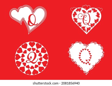 Q letter logo with love icon, valentines day design template