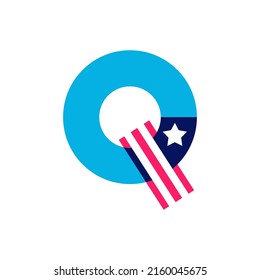 Q letter logo made of American Stars and Stripes flag. Vector font for US history and 4th of July celebration in flat style. Perfect for Independence Day cards, invitations, banners.