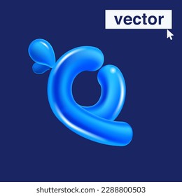 Q letter logo made of blue clear water and dew drops. 3D realistic plastic cartoon balloon style. Glossy vector illustration. Perfect for eco-friendly banners, vibrant emblem, healthy food art.