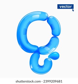 Logo de la letra Q hecho de agua azul clara y gotas de rocío. Globos retorcidos 3D ecológicos. Elementos vectoriales en forma de caricatura de plástico. Perfecto para banner de naturaleza pura, etiquetas de filtro sanas.