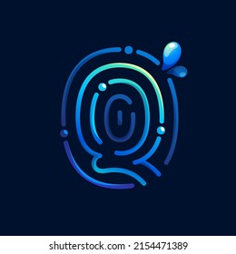 Q letter logo made of fingerprint with pure water waves and drops. Blue gradient line icon. Vector emblem for environment friendly design, drink advertising, ecology application, organic identity.