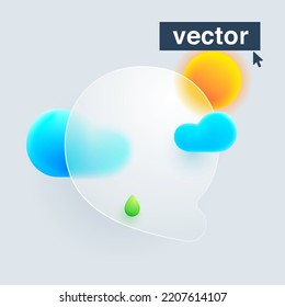 Q letter logo made of sun, clouds, and green drop under mate glass. Realistic 3d glass morphism style emblem. Vector blurry translucent design. Website or mobile app UI icon for weather forecast.