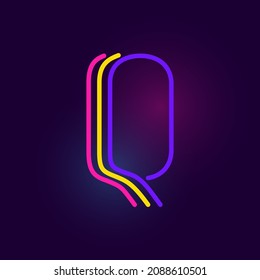 Q letter logo is made of three neon lines. Vector font with glowing effect. Perfect for casino identity, vivid sale banner, and futuristic posters. 