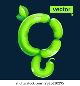 Q letter logo made of twisted balloons. Eco-friendly realistic 3D render with green leaves. Vector elements in cartoon style. Perfect for nature banner, healthy food labels, garden art, and grass adv.
