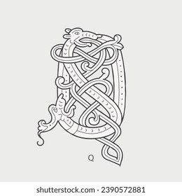 Logo de la letra Q. Monograma de las cápsulas de gota medievales. Iniciales hechas de bestias celtas espirales, serpiente, dragón. Caligrafía gótica iluminada. Capital ornamental heráldica de la Edad Media. Fuente germánica para tatuajes paganos.