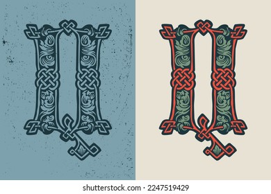 Q letter logo in medieval knots lines style. Dim colored drop cap icon. Engraved barbarian emblem. Vintage illuminated initials. Perfect for vintage premium identity, Celtic posters, luxury packaging.
