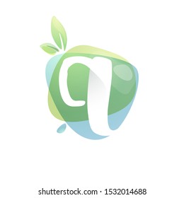Q letter logo with negative space at green watercolor splash background. Vector elements for organic food labels, ecology presentation, card etc.