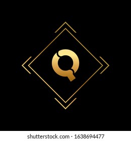 Q letter logo with nice black background and gold frame.Q letter icon.
