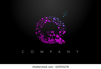 Q Letter Logo with Purple Blue Particles and Bubble Dots Design Vector.