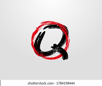 Q Letter Logo With Red Circle Grunge Splatter Element. Retro Q logo design template.