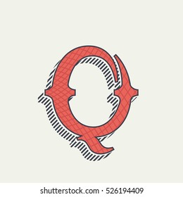 Q letter logo. Retro western alphabet with line texture. Slab serif font. Vector vintage typography for your posters, sportswear, club t-shirt, banner, etc.