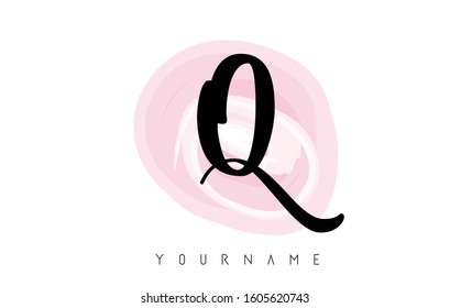 Q Letter Logo with Rounded Watercolor Pastel Aquarella Brush Vector Design.