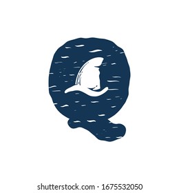 Q letter logo with shark's fin. Hand drawn monochrome vintage nautical style. Perfect for clothing labels, apparel print, retro posters etc.