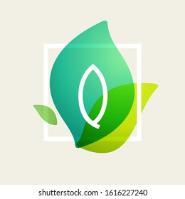Q letter logo in square frame at green leaves watercolor background. Vector ecology typeface for botanical labels, floral headlines, recycle posters, organic cards etc.