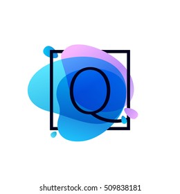 Q letter logo in square frame at blue watercolor splash background. Vector ecology typography for your posters, invitations, cards. 