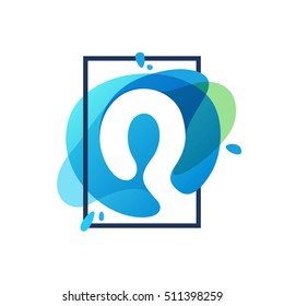 Q letter logo in square frame at blue watercolor splash background. Vector ecology typography for your posters, invitations, cards. 