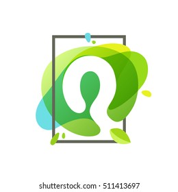 Q letter logo in square frame at green watercolor splash background. Vector ecology typography for your posters, invitations, cards. 