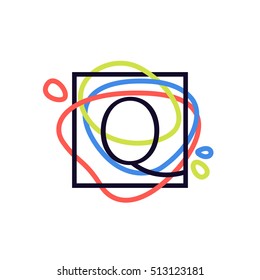 Q letter logo in square frame at colorful line background. Font style, vector design template elements for your posters, invitations, cards. 