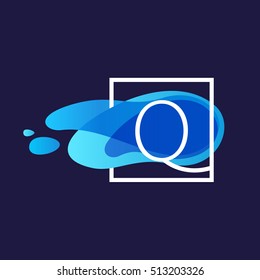 Q letter logo in square frame at watercolor blue flow background. Vector ecology typography for your posters, invitations, cards. 