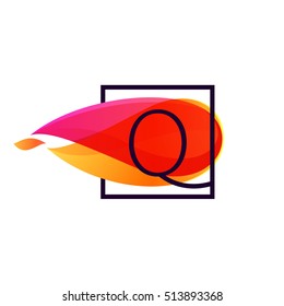 Q letter logo in square frame at fire flame background. Vector typography for your posters, invitations, cards. 