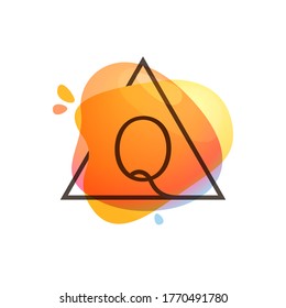 Q letter logo in triangle frame at watercolor splash background. Color overlay style. Perfect vector icon for vintage design, funny watercolor posters, geometry labels, etc.