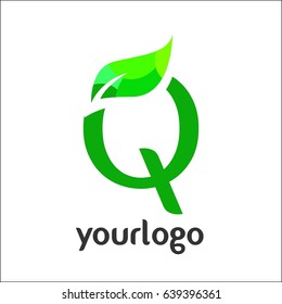 Q Letter logo. Vector green alphabet set of eco letters logo with leaves