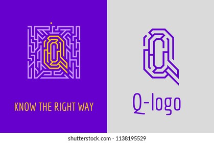 Q letter maze. Creative logo for corporate identity of company: letter Q. The logo symbolizes labyrinth, choice of right path, solutions. Suitable for consulting, financial, construction.