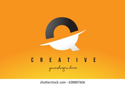 Q Letter Modern Logo Design with Swoosh Cutting the Middle Letters and Yellow Background.