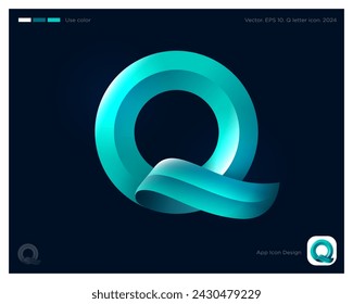 Q letter. Q monogram consists of silk turquoise ribbon.  Web icon. 