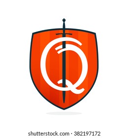 Q letter on the sword and shield. Font style, vector design template elements for your application or corporate identity.