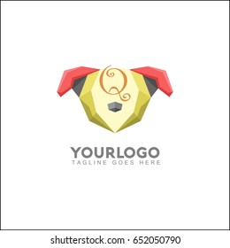 Q letter pet shop logo template. Heads of brown dog, animal vector illustration. Pet shop or store signboard.