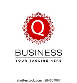 Q letter Red Luxury Logo template flourishes calligraphic elegant ornament lines. Business sign, identity for Restaurant, Royalty, Cafe, Hotel, Heraldic, Jewelry, Fashion and other vector illustration