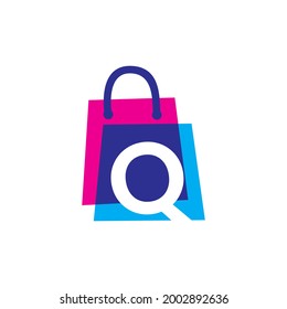 q letter shop store shopping bag overlapping color logo vector icon illustration