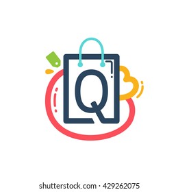 Q letter with shopping bag and tag icon. Vector design element for tag, card, corporate identity, label or poster.
