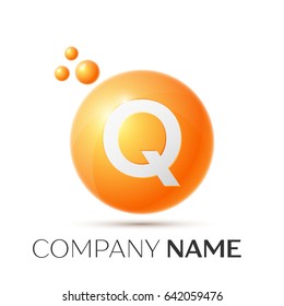 Q Letter splash logo. Orange dots and circle bubble letter design on grey background. Vector Illustration