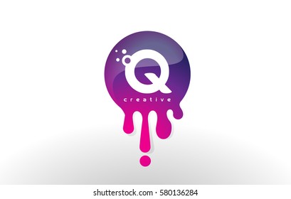 Q Letter Splash Logo. Purple Dots and Bubbles Letter Design Vector Illustration.