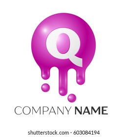 Q Letter splash logo. Purple dots and bubbles letter design on grey background. Vector Illustration.