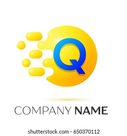Q Letter splash logo. Yellow dots and circle bubble letter design on grey background. Vector Illustration