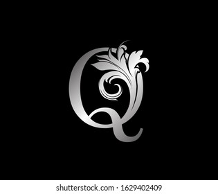 Q Letter Swirl Logo. Silver Q With Classic Leaves Shape design perfect for fashion, Jewelry, Beauty Salon, Cosmetics, Spa, Hotel and Restaurant Logo. 