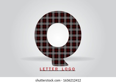 Q letter with tartan pattern vector illustration. Textile fabric letter for logo, label, card, print, brochure, flyer, textile business title, sewing concept, clothing store or web page design.