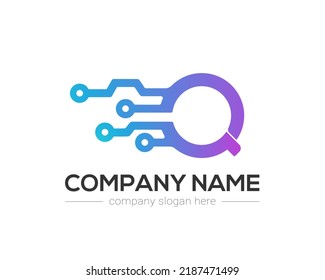 Q Letter Tech Logo Design Vector Template.
Q Letter Icon Design with Digital Circuit Connection Symbol.