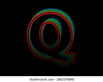 Q letter vector desing, Rgb color font logo. Dynamic split red, green, blue color, outline stroke layer style on black background. For social media,design elements, creative poster, web template    