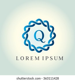 Q letter vector logo template (sign, symbol, emblem, ornament). Tracery logo. Wave ornament dynamic logo.