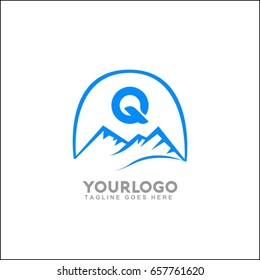 Q letter vector mountains emblem identity. Outdoor activity symbol. Adventure or sport logo badge. Vector illustration