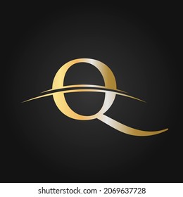 Q Logo Design Luxury Template. Initial letter Q logotype company name colored gold swoosh design. Modern Q Logo Design for business and company identity