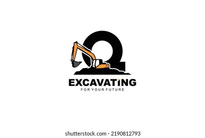 Q logo excavator for construction company. Heavy equipment template vector illustration for your brand.