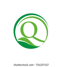 Q logo initial letter design template vector inside semi circle shape with leaf accent.